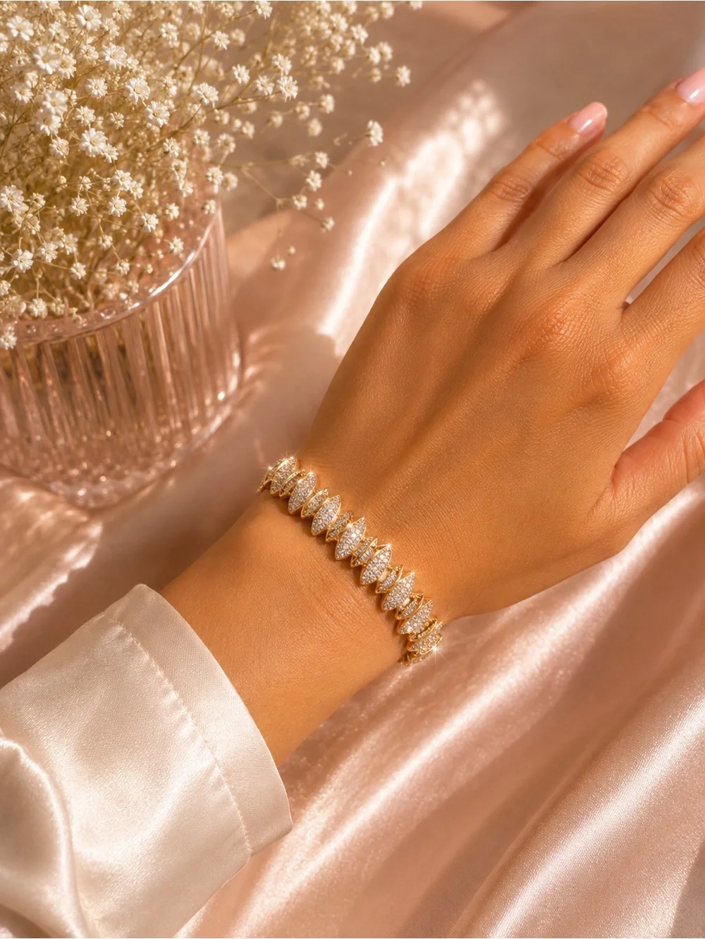 Brazilian Gold Sparkling CZ Statement Bracelet- Elegant Luxury Style